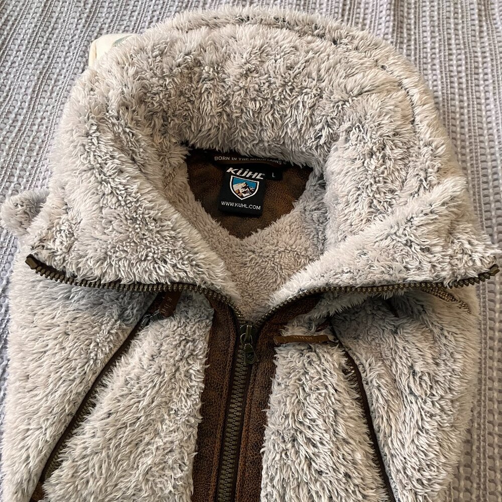 Kuhl Jacket Womens Large Beige Flight Fleece Sherpa Hooded Full Zip Thumbholes